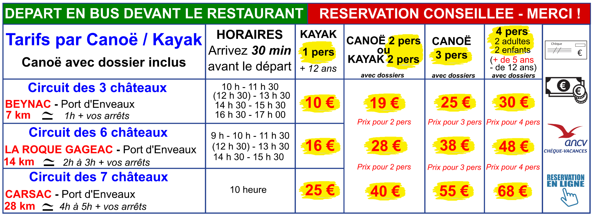 TARIF 2022 CANOE-DETENTE-DORDOGNE Location Canoe Dordogne